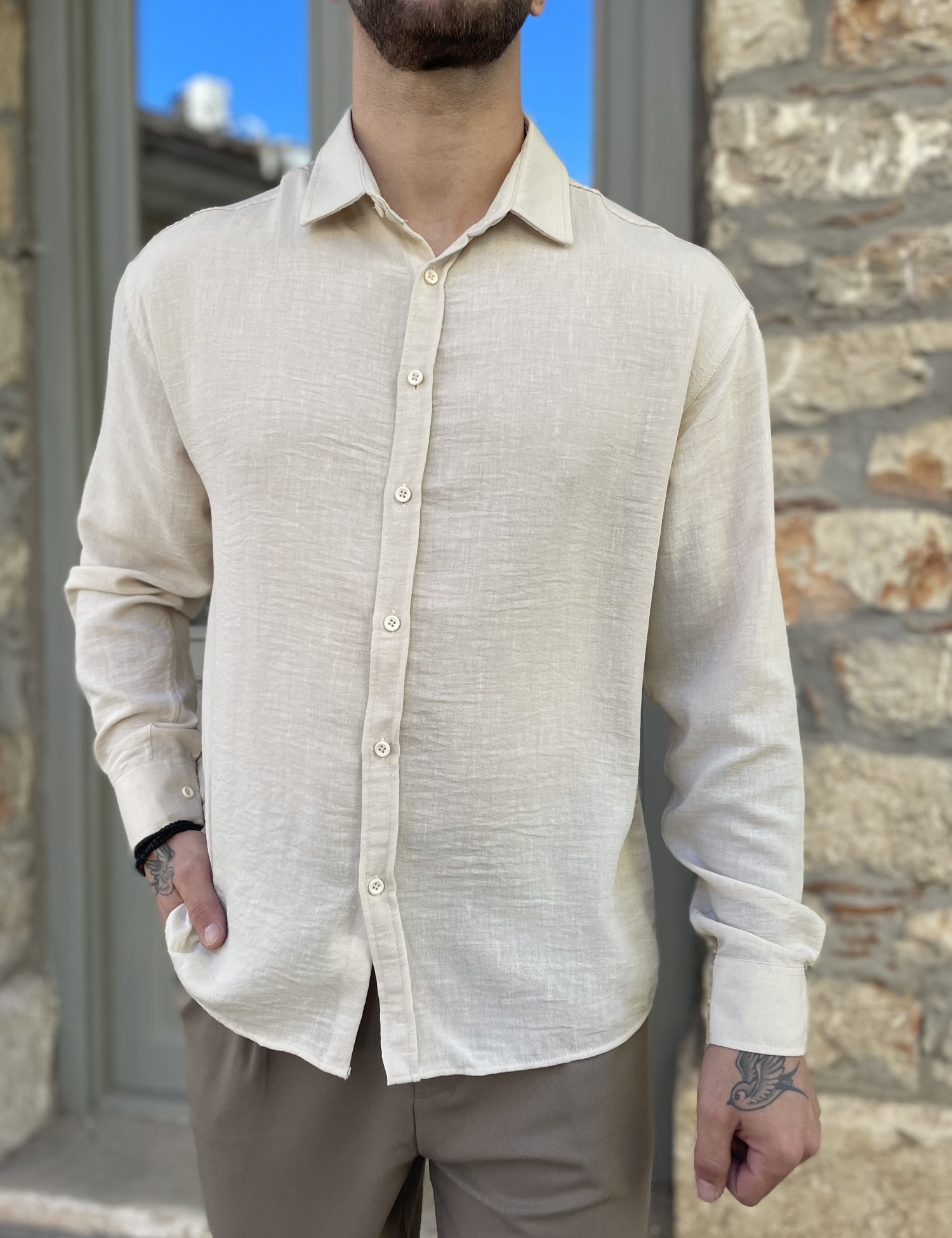 RMZ Ανδρικό εκρού γκοφρέ Overshirt με γιακά RMZ579